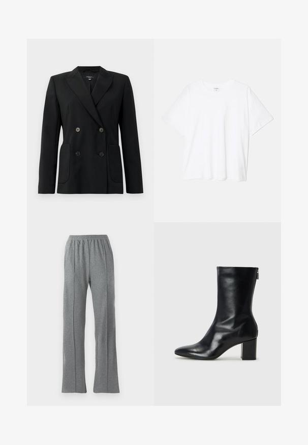 Blazer noir croisé en tissu structuré, avec des revers en pointe, deux poches avant et quatre boutons noirs.; T-shirt en coton blanc avec des manches courtes, un col rond, une coupe décontractée et un ourlet cousu. Étiquette visible à l'intérieur du col.; Pantalons de survêtement gris avec une taille élastique, présentant une coupe droite et des détails de couture latérale subtils. Fabriqué à partir d'un tissu doux et texturé.; Bottine en cuir noir avec un bout pointu et un talon carré de 4 cm. Design élégant avec une fermeture éclair sur le côté pour un enfilage facile. Texture lisse.