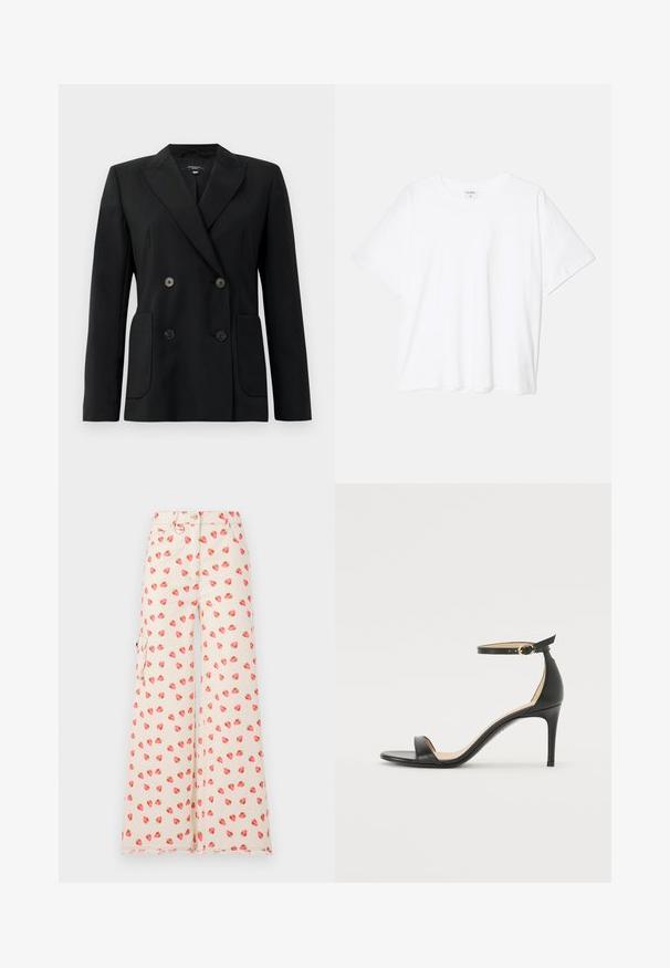 Čierny dvojradový blejzer vyrobený z pevnej látky, s klopami, dvoma prednými vreckami a štyrmi čiernymi gombíkmi.; Biely bavlnený tričko s krátkymi rukávmi, okrúhlym výstrihom, voľným strihom a prešitým lemom. Štítok viditeľný na vnútornom krku.; Široké nohavice vyrobené z béžovej látky, s vzorom jahôd v červenej a zelenej farbe. Obsahujú bočné vrecká a rozstrapkaný lem.; Čierne kožené sandále na vysokom podpätku s popruhom okolo členka. Vlastnosti hladkého povrchu, otvorenej špičky a tenkého podpätku. Detail zlatého spony.