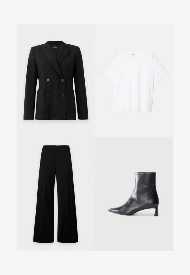 Crni dvostruki sako od čvrstog materijala, s reverima, dva prednja džepa i četiri crna dugmeta.; Bijela pamučna majica s kratkim rukavima, okruglim izrezom, opuštenim krojem i šivenim rubom. Etiketa je vidljiva na unutarnjoj strani vrata.; Crne hlače širokih nogavica s glatkom teksturom, strukturiranim pojasom i prednjim nabranim detaljima. Minimalistički dizajn bez vidljivih metalnih dijelova.; Crne kožne gležnjače s uskim vrhom i elegantnim dizajnom. Imaju niski potpetak i zatvaranje na patentni zatvarač straga. Glatka tekstura.