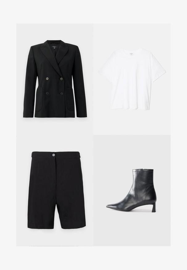 Zwarte dubbelgebreide blazer van gestructureerde stof, met notch revers, twee voord pockets en vier zwarte knopen.; Witte katoenen t-shirt met korte mouwen, ronde halslijn, comfortabele pasvorm en gestikte zoom. Etiket zichtbaar aan de binnenzijde van de hals.; Zwarte shorts van lichtgewicht stof, met een getailleerd ontwerp, knoopsluiting aan de voorkant, platte tailleband en rechte pijpen.; Zwarte leren enkellaars met een spitse neus en een slank ontwerp. Heeft een lage hak en een ritssluiting aan de achterkant. Gladde textuur.