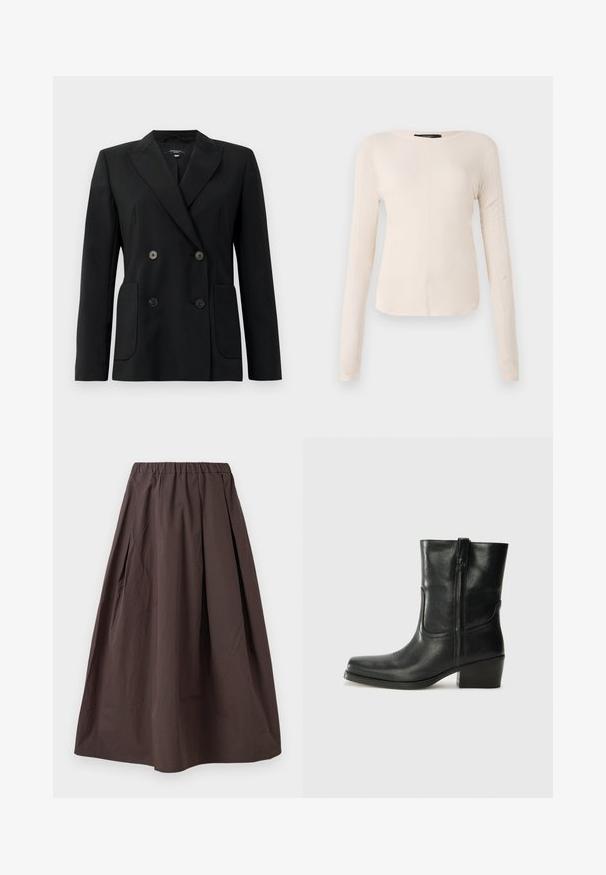 Blazer negro de doble botonadura, hecho de una tela estructurada, con solapas de muesca, dos bolsillos frontales y cuatro botones negros.; Top de manga larga, color beige claro, con cuello redondo. Fabricado en un tejido suave, presenta una costura central y un dobladillo ligeramente curvado. Sin herrajes visibles.; Falda midi de color marrón con cintura elástica y sutiles pliegues sobre un fondo blanco.; Botín negro de cuero hasta el tobillo con punta redondeada, tacón cuadrado, cremallera lateral y detalles de costura en el empeine. Textura suave, diseño clásico.