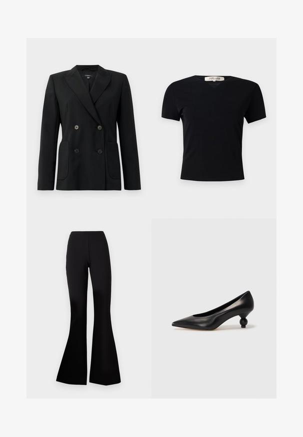 Blazer negro de doble botonadura, hecho de una tela estructurada, con solapas de muesca, dos bolsillos frontales y cuatro botones negros.; Camiseta negra de manga corta con diseño de cuello en V, fabricada en un tejido liso y elástico. Presenta una silueta simple y clásica sin adornos.; Diane von Furstenberg GREGORY PANTS - Pantalones - black; Zapato de tacón alto de cuero negro con puntera afilada y un tacón redondeado y abombado. Textura suave con un diseño elegante y minimalista.