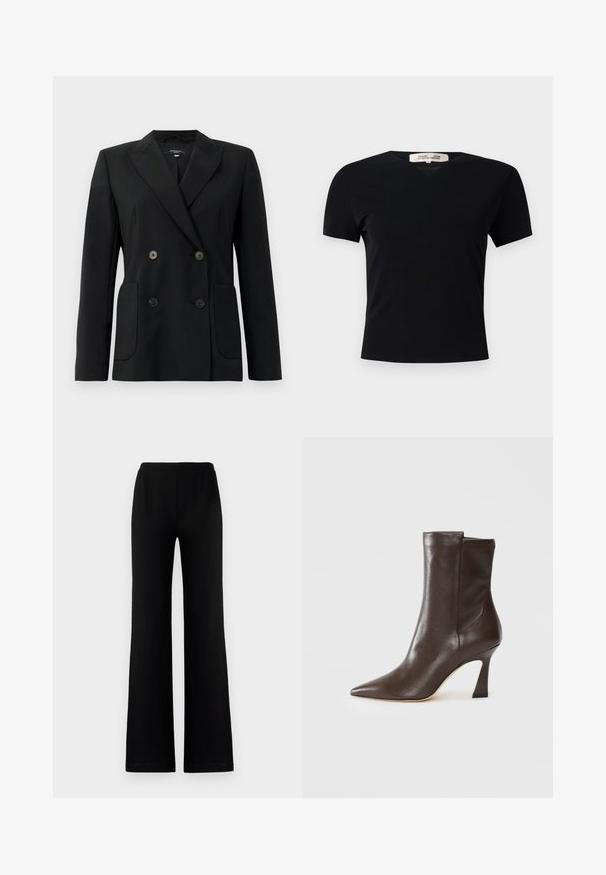 Melnā dubultā jaciņa, kas izgatavota no strukturēta auduma, ar griezumiem pie apkakles, divām priekšējām kabatām un četriem melniem pogām.; Melnā īsām piedurknēm t-krekls ar V-veida kakla izgriezumu, izgatavots no gluda, elastīga auduma. Piedāvā vienkāršu, klasisku siluetu bez rotājumiem.; Melnas, platas bikses, kas izgatavotas no mīksta auduma ar elastīgu jostas vietu, ar gludu tekstūru un bez redzamām kabatām vai rotājumiem.; Tumši brūns ādas pusgarais zābaks ar norādītu pirkstu, izliekta plāna papēža un gludu apdari uz balta fona.