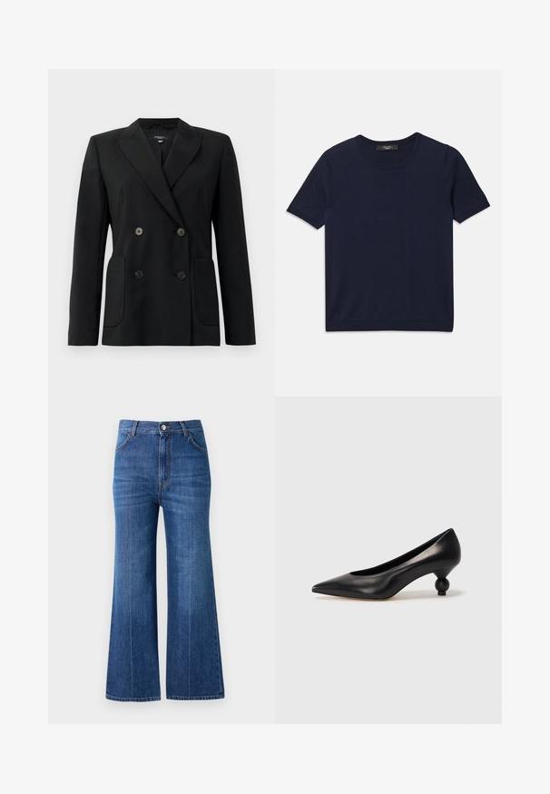 Fekete, kétsoros zakó, amely strukturált anyagból készült, kihajtott gallérral, két elülső zsebbel és négy fekete gombbal rendelkezik.; Sötétkék, rövid ujjas póló, puha anyagból készült, kerek nyakkivágással és bordás szegéllyel, sima tapintású, látható minták nélkül.; Sötétkék farmer széles lábakkal, magas derekú, diszkrét kopásokkal és klasszikus öt zsebes kialakítással. Ellentétes szálakkal varrva.; Fekete bőr magassarkú cipő, hegyes orral és kerek, gömbölyű sarokkal. Simább textúrával, elegáns, minimalista dizájnnal.
