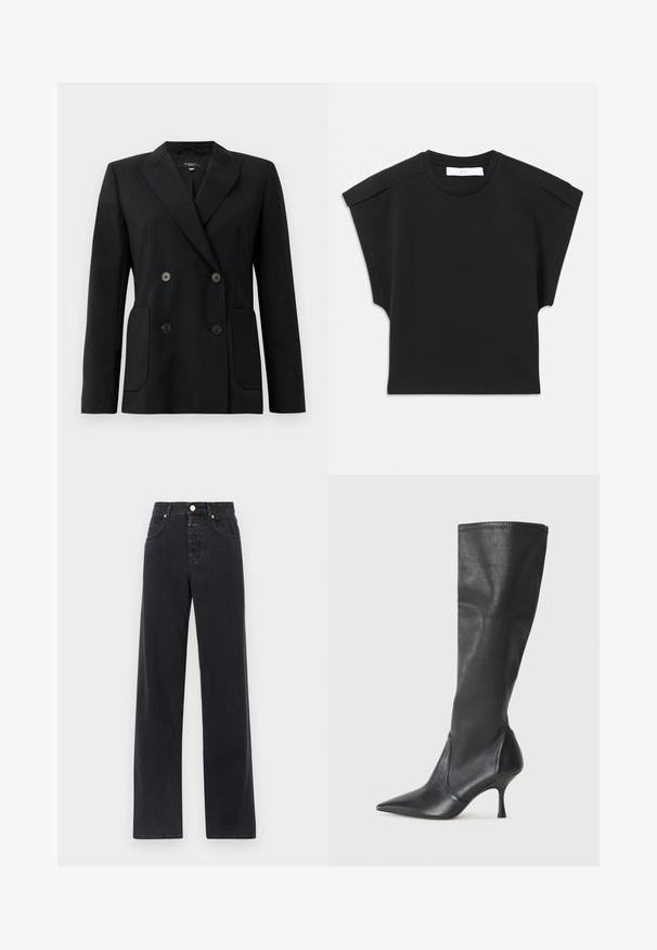 Musta kaksirivinen bleiseri, joka on valmistettu jämäkästä kankaasta ja jossa on asetelmalapelit, kaksi etutaskua ja neljä mustaa nappia.; Mustapaitainen lyhythihainen paita pyöreällä pääntiellä ja olkainyksityiskohdilla, asetettuna vaakasuoraan valkoiselle taustalle.; Mustat denim-farkut korkealla vyötäröllä, suora lahje, viisi taskua, näkyvät ompeleet ja metallinen napitus.; Polvisuuriset mustat nahkasaappaat, joissa on terävä kärki ja hoikka stiletto-korko. Silkkinen pinta, tiukka muotoilu ja ompeleet yläreunassa.