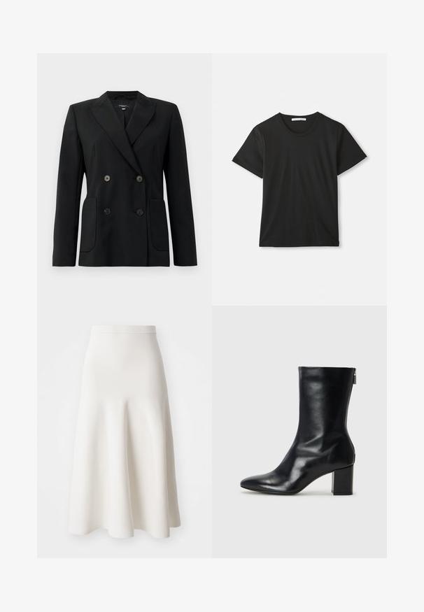 Mustvalge topeltkinnitatud bleiser, mis on valmistatud jäigast kangast, millel on kraed, kaks esist pocketit ja neli musta nööpi.; Must värvitooniga lühikeste varrukatega ringkaelusega puuvillane T-särk laotud valgele taustale, kus on nähtav brändi silt krae sees.; Valge A-line seelik, mis on valmistatud siledast kangast, millel on istuv vöökoht ja laienev siluett, mis langeb õrnalt sääre keskele.; Must musta ankle boot teravaid varvastega ja 4 cm plokknõela. Suurepärase disainiga, millel on külgrihm lihtsaks läbi panemiseks. Sile tekstuur.