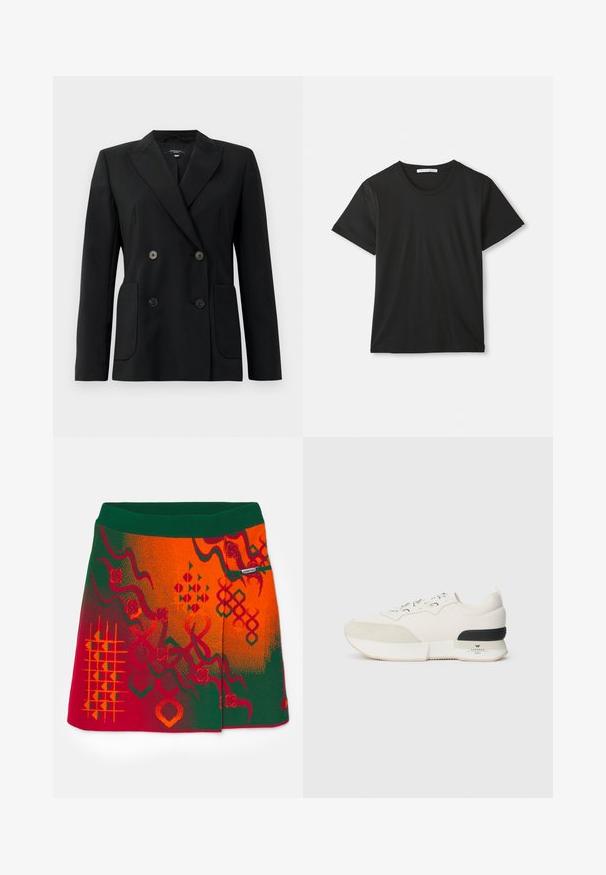 Melnā dubultā jaciņa, kas izgatavota no strukturēta auduma, ar griezumiem pie apkakles, divām priekšējām kabatām un četriem melniem pogām.; Melna īsām piedurknēm T-kreklā ar apaļu izgriezumu, kas izlikts uz baltas virsmas, ar redzamu zīmola etiķeti iekšpusē no apkakles.; Adīta svārku ar zaļu jostas vietu un spilgtiem sarkaniem un oranžiem rakstiem, ar ģeometriskām formām un teksturētām akcentiem.; Baltie kedas ar teksturētu zamšādu purngalu, gludu acu auduma augšdaļu, dekoratīvu auklu un melnu gumijas papēža akcentu.