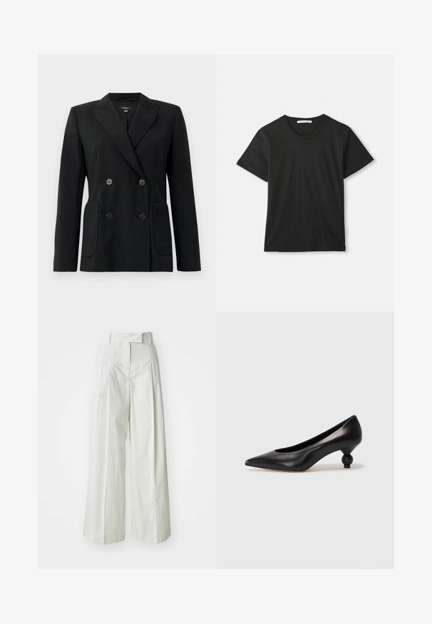 Zwarte dubbelgebreide blazer van gestructureerde stof, met notch revers, twee voord pockets en vier zwarte knopen.; Zwarte katoenen T-shirt met korte mouwen en ronde hals, plat gelegd op een witte achtergrond met zichtbaar merklabel binnenin de kraag.; Lange broek in lichtgroen met verticale witte strepen. Heeft een hoge taille, ceintuurlussen en een gladde katoenen textuur.; Zwarte leren hoge hak schoen met een spitse neus en een ronde, bolle hak. Gladde textuur met een elegant, minimalistisch ontwerp.