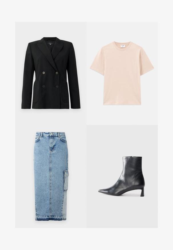 Melnā dubultā jaciņa, kas izgatavota no strukturēta auduma, ar griezumiem pie apkakles, divām priekšējām kabatām un četriem melniem pogām.; Kratkām piedurknēm T-krekls gaisā bēžā krāsā, izgatavots no mīkstas kokvilnas. Apaļš kakla izgriezums, brīvs piegriezums, ar taisnu apakšmalu un bez apdrukām vai grafikām.; Gaiši zils džinsu svārks ar taisnu griezumu, priekšējo pogu aizdari, sānu kabatām un izteiktu kontrastējošu auduma paneļa dizainu.; Melnas ādas potītes zābaki ar norādītu pirkstu un elegantu dizainu. Iezīmē zemu papēdi un rāvējslēdzēja aizdari aizmugurē. Gluda tekstūra.