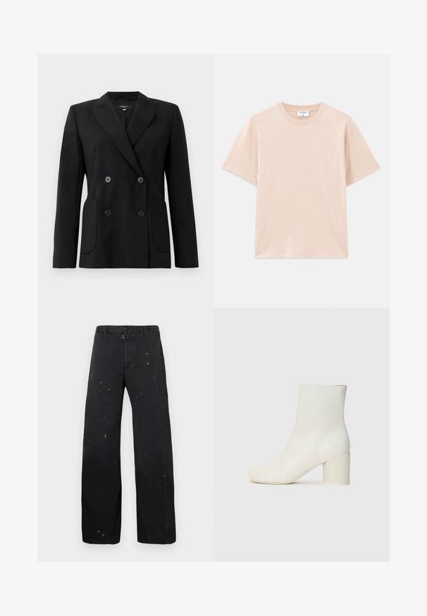 Juodas dvigubas švarkas, pagamintas iš struktūruotos medžiagos, su išpjautomis atlapomis, dviem priekinėmis kišenėmis ir taisyklingais juodais mygtukais.; Trumpas rankovės marškinėliai šviesiai bežinės spalvos, pagaminti iš minkštos medvilnės. Apvalus iškirpimas, laisvas kirpimas, su tiesiu apdailu ir be raštų ar grafikų.; MM6 Maison Margiela PANTS - Laisvo kirpimo džinsai - black; Baltos odinės kulkšninių botai su suapvalintu pirštu ir masyviais cilindriniais kulnais. Lygus paviršius, minimalus dizainas, be matomų elementų ar raštų.