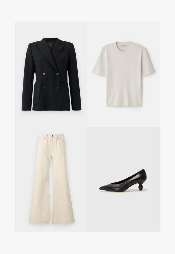 Musta kaksirivinen bleiseri, joka on valmistettu jämäkästä kankaasta ja jossa on asetelmalapelit, kaksi etutaskua ja neljä mustaa nappia.; Kermanen lyhythihainen t-paita pyöreällä kaula-aukolla, valmistettu pehmeästä materiaalista, suoran leikkauksen ja minimaalisten yksityiskohtien kanssa.; Vaaleanbeige leveälahkeiset farkut, jotka on valmistettu puuvillasta. Ominaisuuksiin kuuluu korkea vyötärö, viisi taskua ja nappisuljenta erottuvine ompeluseoksineen.; Musta nahkakengät korkealla korolla, joissa on terävä kärki ja pyöreä, pallomainen korko. Sileä pinta ja tyylikäs, minimalistinen muotoilu.