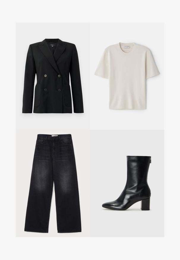 Black double-breasted blazer made of structured fabric, featuring notch lapels, two front pockets, and four black buttons.; Cream short-sleeve t-shirt with a round neckline, made from soft material, featuring a straight cut and minimal detailing.; Mother THE SPINNER ZIP SNEAK - Relaxed fit jeans - black; Black leather ankle boot with a pointed toe and 4 cm block heel. Sleek design features a side zipper for easy wear. Smooth texture.
