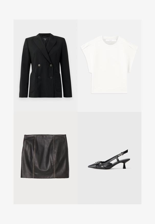 Černý dvouřadý blazer vyrobený z pevných tkanin, s klopovými límci, dvěma předními kapsami a čtyřmi černými knoflíky.; Bílý boxy tričko s krátkými rukávy. Vyrobeno z hladkého materiálu, s kulatým výstřihem a jemnými akcenty na ramenou. Jednoduchý design.; Černá kožená sukně s prošívanými detaily, rovného siluetu a hladkou texturou. Minimalistický design bez kovových prvků.; Černé kožené slingback boty s špičatou špičkou, dekorativními pásky s kovovými očky a nízkým blokovým podpatkem. Texturovaný povrch.