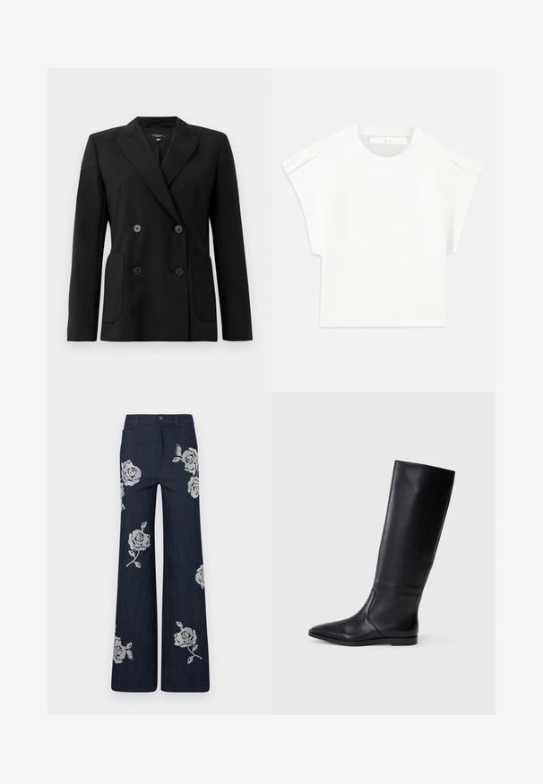 Zwarte dubbelgebreide blazer van gestructureerde stof, met notch revers, twee voord pockets en vier zwarte knopen.; Witte boxy t-shirt met korte mouwen. Gemaakt van soepel materiaal, met een ronde halslijn en subtiele schouderaccenten. Eenvoudig ontwerp.; Wijdie denimbroeken in donkerblauw met witte geborduurde rozenpatronen. Voorzien van een knoopsluiting en een traditioneel zakontwerp.; Zwarte leren kniehoge laars met een puntige neus en een minimalistisch ontwerp. Glad textuur en platte zool, met discreete zijnaaddetails.
