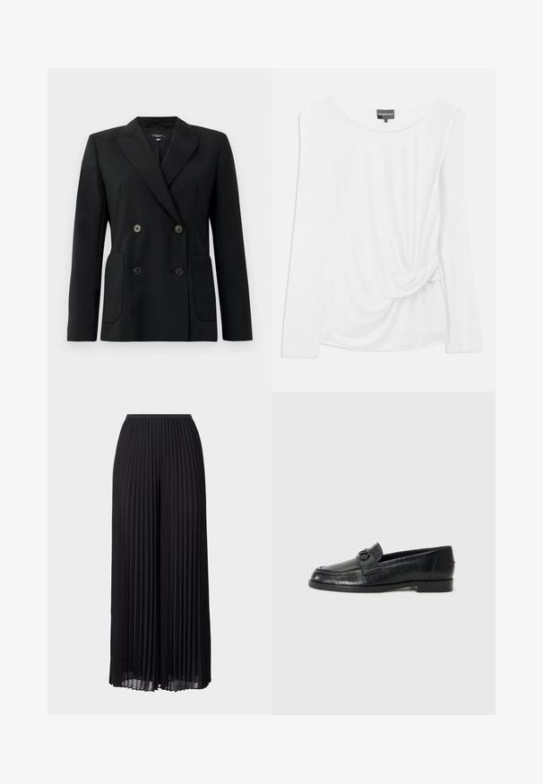 Čierny dvojradový blejzer vyrobený z pevnej látky, s klopami, dvoma prednými vreckami a štyrmi čiernymi gombíkmi.; Biele dlhé rukávy top vyrobený z mäkkej látky, s okrúhlym výstrihom a uzlovým detailom na boku s prehodenou látkou.; Čierne široké nohavice s plisovaním a elastickým pásom. Vyrobené z ľahkej tkaniny, s vertikálnymi záhybmi po celom obvode.; Čierne kožené mokasíny so hladkým povrchom, s embosovaným lineárnym vzorom a dekoratívnou prackou na priehlavku. Nízky blokový podpätok.