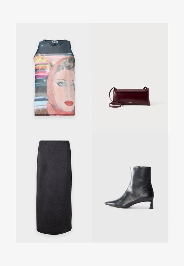 Sort dobbeltradet blazer lavet af struktureret stof, med klapkrave, to forlommer og fire sorte knapper.; Ærmeløs, tætsiddende tanktop med et retro grafisk print, der viser et kvindans ansigt og en vintage bil, i livlige farver og glat stof.; Sort midi-nederdel med en krøllet tekstur, lige snit og sideslids. Materialet virker let. Kantene er let afrundede.; Sort læder ankelstøvle med spids tå og et strømlinet design. Har en lav hæl og en lynlås lukning bagpå. Glat tekstur.; Bordeaux læder crossbody taske med en glat tekstur, rektangulær form, flaplukning og en tynd justerbar rem. Guldlogo detalje synlig.
