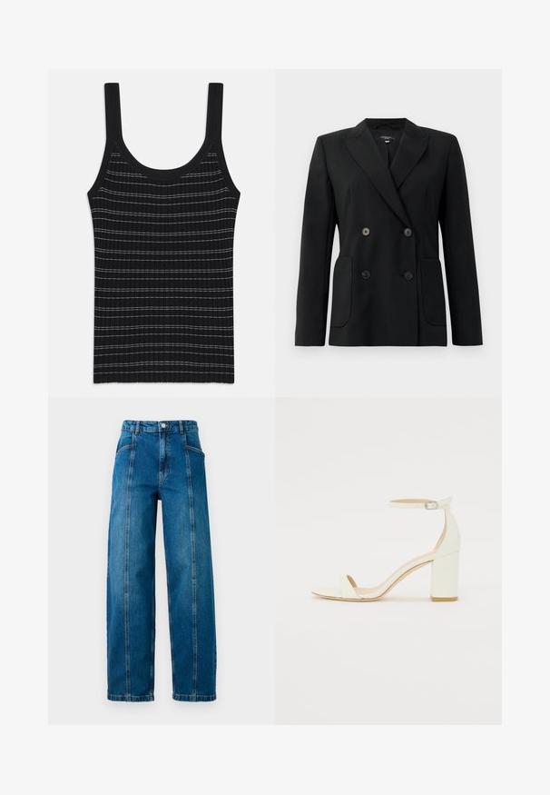 Zwarte dubbelgebreide blazer van gestructureerde stof, met notch revers, twee voord pockets en vier zwarte knopen.; Zwart geribbeld tanktop met dunne witte strepen, met een ronde halslijn en brede schouderbanden. Gladde textuur, aansluitend ontwerp.; Hoge taille blauwe spijkerbroeken met wijde pijpen, verticale naden aan de voorkant, zijzakken, riemlussen en een knoopsluiting.; Witte leren sandaal met blokhak, voorzien van een enkelsluitsel met een gesp en een minimalistisch design. Open teen en gladde texturen overal.