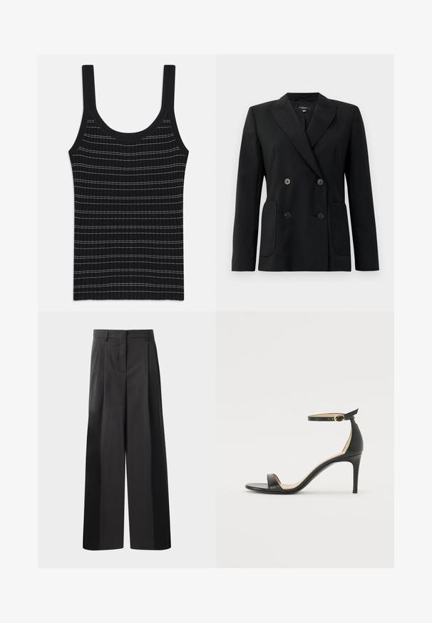 Blazer negru cu două rânduri de nasturi, realizat dintr-un material structurat, având rever cu decupaj, două buzunare frontale și patru nasturi negri.; Top negru cu dungi subțiri albe, cu decolteu rotund și bretele late. Textură netedă, design ajustat.; Pantaloni negri cu talie înaltă, cu picioare largi, având pliseuri frontale, o textură netedă și un finisaj croit. Concepuți pentru o croială relaxată.; Sandale cu toc înalt din piele neagră, cu barete pentru glezne. Prezintă o textură netedă, vârf deschis și un toc subțire. Detalii cu cataramă de culoare aurie.