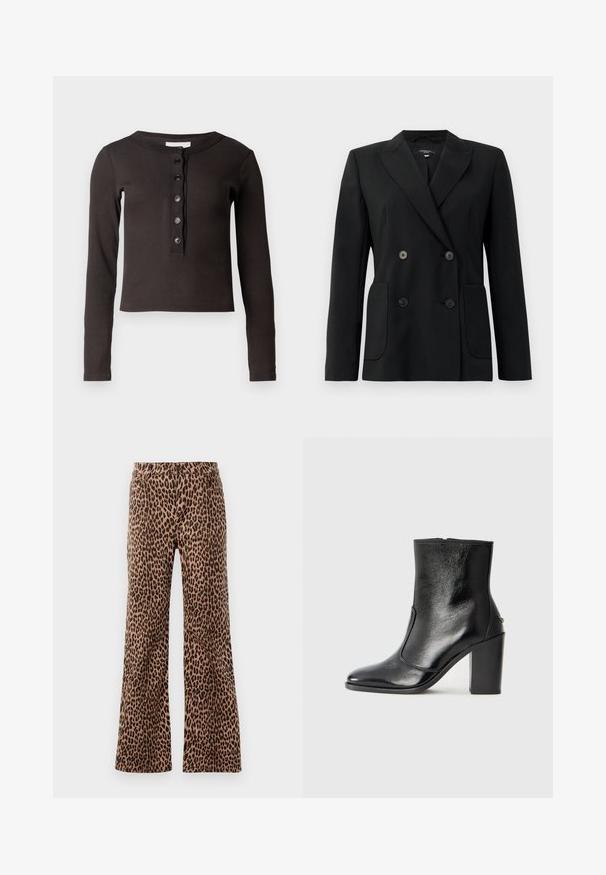 Mustvalge topeltkinnitatud bleiser, mis on valmistatud jäigast kangast, millel on kraed, kaks esist pocketit ja neli musta nööpi.; Tumepruun pikakäiseline särk ribakoe, ümmargune kaelus ja kuus esist nuppu. Fits on lühike ja veidi kohandatud.; Beige ja musta leopardimustriga laie jalgadega püksid, millel on sile tekstuur ja kitsenev äär. Disain standardse vöökoht ja taskutega.; Must kõvale nahast pahklipsu saapad, millel on sile tekstuur, terav varvas ja paks kõrge kann. Omab külgavatust ja minimalistlikku disaini.