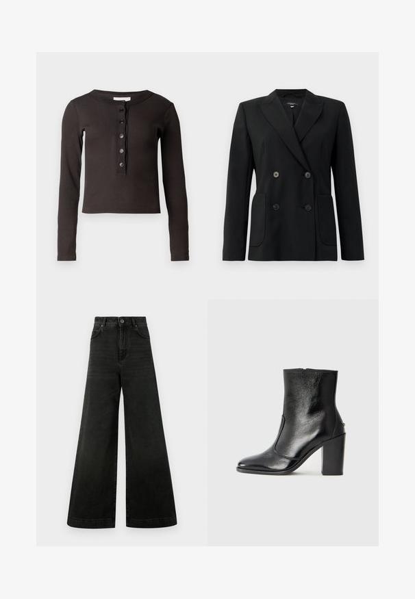 Blazer preto de dupla face feito de tecido estruturado, apresentando lapelas com corte em notch, dois bolsos frontais e quatro botões pretos.; Camisa de manga longa castanho-escura com textura canelada, gola redonda e seis botões frontais. O corte é cropped e ligeiramente ajustado.; Jeans de cintura alta e perna larga, em ganga preta escura. Apresentam fecho de botão, bolsos frontais e textura suave com desbotamento mínimo.; Bota ankle preta em pele com uma textura suave, bico fino e um salto alto robusto. Apresenta uma abertura lateral e um design minimalista.