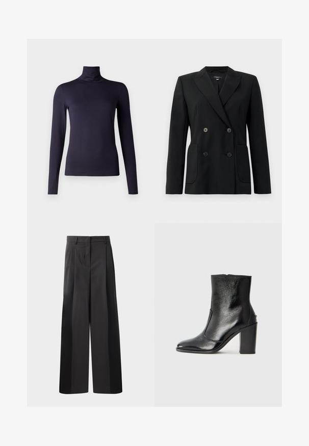 Schwarzer, doppelt gefütterter Blazer aus strukturiertem Stoff, mit Reverskragen, zwei Vordertaschen und vier schwarzen Knöpfen.; Marineblaues Langarm-Polohemd mit Stehkragen, gefertigt aus glattem, dehnbarem Material. Figurbetontes Design mit hohem Kragen und ohne sichtbare Muster oder Akzente.; Schwarze, weit geschnittene Hose mit hoher Taille, versehen mit Frontfalten, einer glatten Textur und einem maßgeschneiderten Finish. Entworfen für eine lockere Passform.; Schwarze Leder-Stiefelette mit glatter Textur, spitzem Fuß und klobigem hohen Absatz. Verfügt über eine seitliche Öffnung und ein minimalistisches Design.