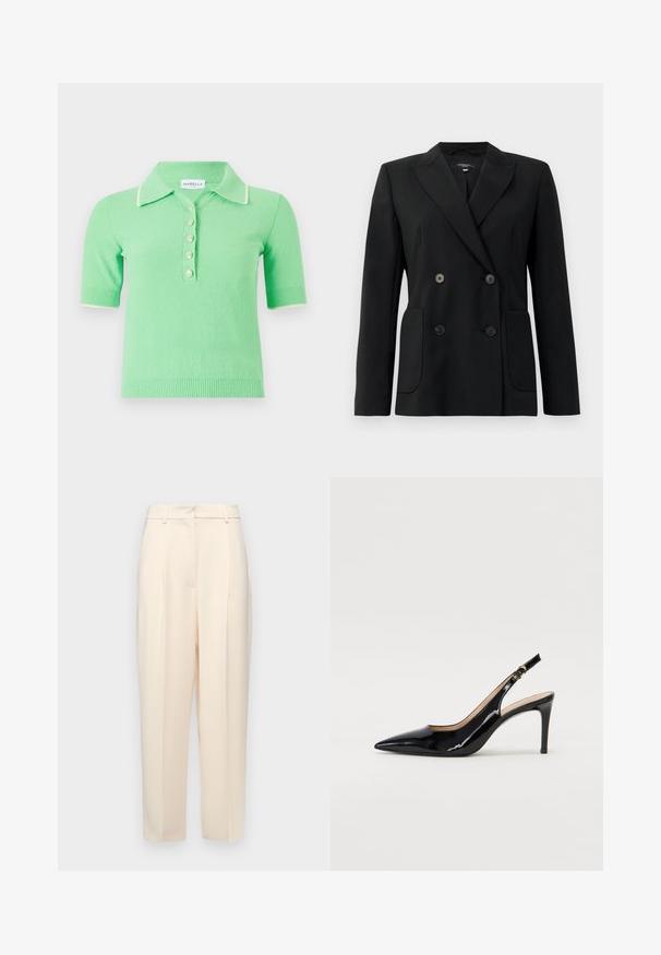 Black double-breasted blazer made of structured fabric, featuring notch lapels, two front pockets, and four black buttons.; Short-sleeve polo sweater in light green with a textured fabric, featuring a white collared neckline and five decorative buttons.; Beige tailored trousers with a straight fit, featuring pleats at the front, a smooth texture, and a mid-rise waist. No visible pockets.; Black patent leather slingback pump with pointed toe, slim heel, and a subtle cutout design. Features a gold buckle on the strap.