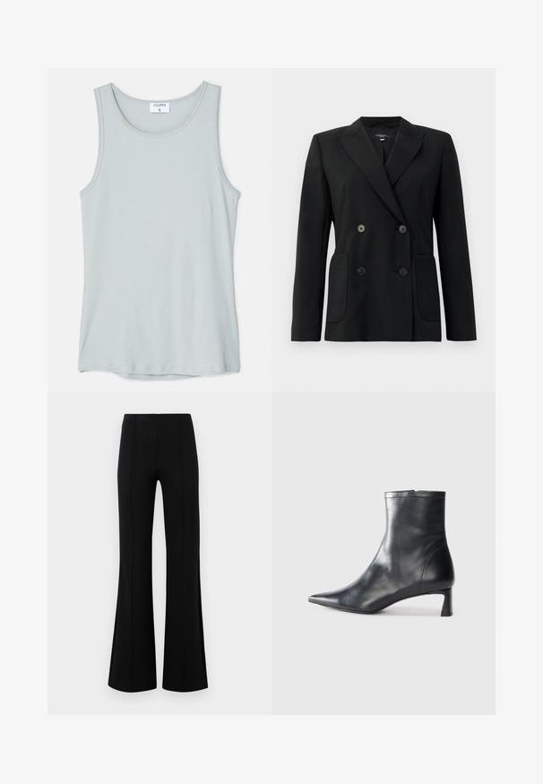 Black double-breasted blazer made of structured fabric, featuring notch lapels, two front pockets, and four black buttons.; Filippa K TANK - Top - thundersto; Black flared pants with a high waist, made of stretchy fabric. Features vertical seam details on the front and a smooth texture.; Black leather ankle boot with a pointed toe and a sleek design. Features a low heel and a zipper closure at the back. Smooth texture.