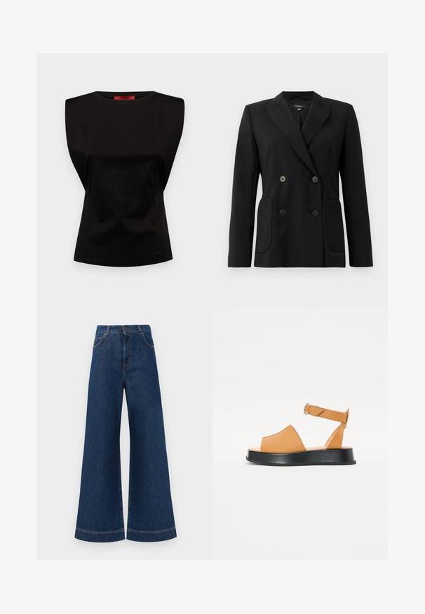 Melnā dubultā jaciņa, kas izgatavota no strukturēta auduma, ar griezumiem pie apkakles, divām priekšējām kabatām un četriem melniem pogām.; Melnā bez piedurknēm tops ar strukturētu plecu dizainu, gludu tekstūru, apaļu apkakli un smalku drapējumu jostasvietā.; Plati ziladenim bikses ar augstu jostasvietu, kas aprīkotas ar pogas aizdari, jostu cilpām un nelieliem šuvju detalizējumiem ap kabatām un malām.; Brūni ādas sandeļi ar platu priekšpusi, atvērtu purngalu, regulējamu jostu un biezu melnu platformas zoli. Gluda tekstūra un minimāls dizains.