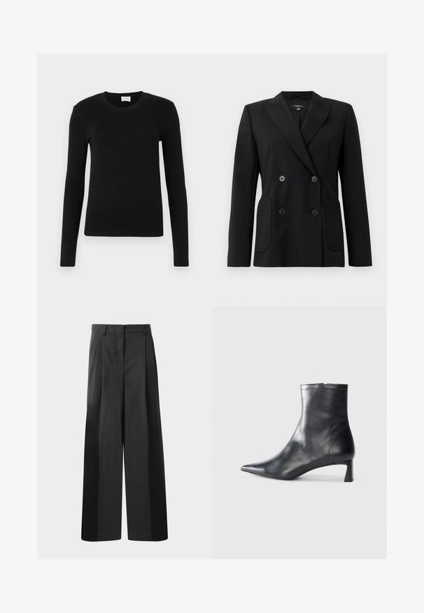 Čierny dvojradový blejzer vyrobený z pevnej látky, s klopami, dvoma prednými vreckami a štyrmi čiernymi gombíkmi.; Čierne tričko s dlhým rukávom vyrobené z mäkkej, hladkej tkaniny. Má okrúhly výstrih a priliehavý strih, bez viditeľných vzorov alebo akcentov.; Čierne široké nohavice s vysokým pásom, so záhybmi vpredu, hladkou textúrou a prispôsobeným strihom. Navrhnuté pre uvoľnený strih.; Čierne kožené členkové topánky s špicatou špičkou a elegantným dizajnom. Majú nízky podpätok a zips na zadnej strane. Hladká textúra.