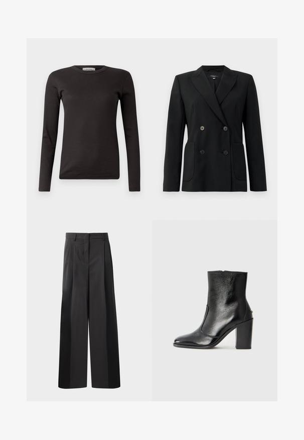 Juodas dvigubas švarkas, pagamintas iš struktūruotos medžiagos, su išpjautomis atlapomis, dviem priekinėmis kišenėmis ir taisyklingais juodais mygtukais.; Juodas, ilgomis rankovėmis, įriebaluotas marškinėliai su apvaliu iškirpimu ir prigludusia forma. Pagamintas iš minkštos medvilnės medžiagos, puikiai tinkasluoksniavimui.; Juodos plačios kelnės su aukštu liemeniu, su priekinėmis raukšlėmis, glotnia tekstūra ir pritaikytu apdailos stiliumi. Sukurtos laisvam sėdėjimui.; Juodas odinis kulkšninis batas su lygiu paviršiumi, smailiu pirštu ir masyviu aukštu kulnu. Savybė - šoninis atidarymas ir minimalistiškas dizainas.