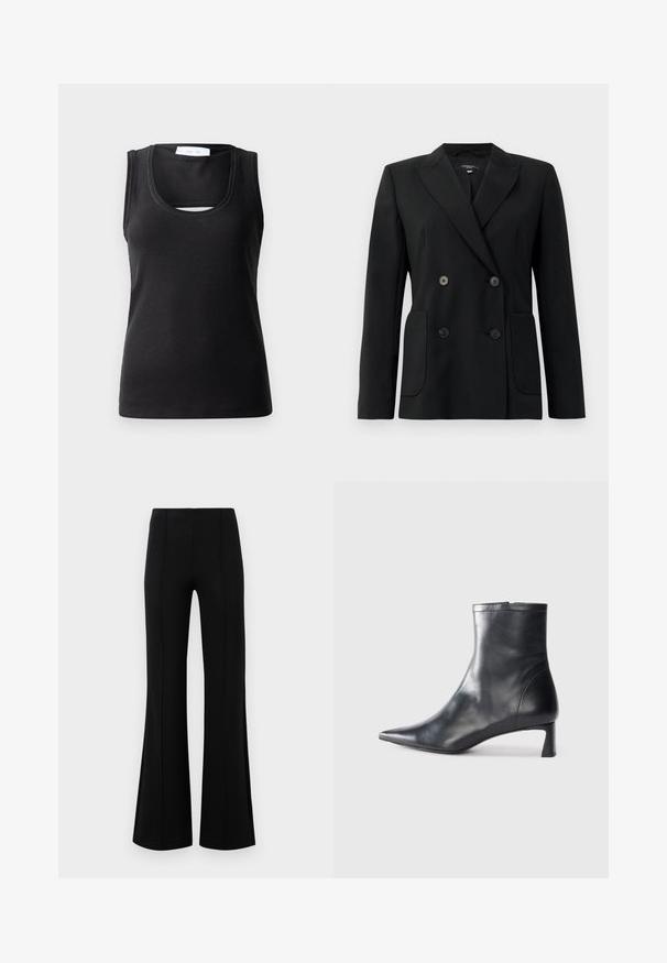 Čierny dvojradový blejzer vyrobený z pevnej látky, s klopami, dvoma prednými vreckami a štyrmi čiernymi gombíkmi.; Čierny bezrukávový top vyrobený z rebrovanej látky, s okrúhlym výstrihom a malým výrezom vpredu pre zvýraznenie dizajnu.; Čierne rozšírené nohavice s vysokým pásom, vyrobené z elastického materiálu. Obsahujú vertikálne švy na prednej strane a hladkú textúru.; Čierne kožené členkové topánky s špicatou špičkou a elegantným dizajnom. Majú nízky podpätok a zips na zadnej strane. Hladká textúra.