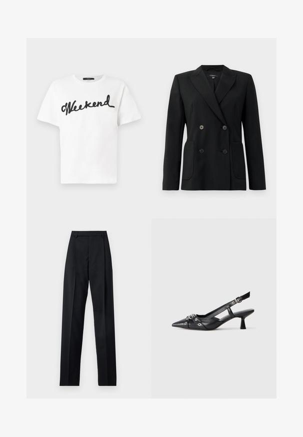 Schwarzer, doppelt gefütterter Blazer aus strukturiertem Stoff, mit Reverskragen, zwei Vordertaschen und vier schwarzen Knöpfen.; Weißes Baumwoll-T-Shirt mit schwarzem, gesticktem "Weekend"-Text im Kursive-Stil. Klassischer Rundhalsausschnitt und kurze Ärmel.; Schwarze Hosen aus glattem Stoff mit hoher Taille, weitem Bein, vorderen Falten und klassischen Gürtelschlaufen. Keine sichtbaren Seitentaschen.; Schwarzer Leder-Slingback-Schuh mit spitz zulaufender Zehenpartie, dekorativen Riemen mit METALLÖSEN und niedrigem Blockabsatz. Strukturelle Oberfläche.