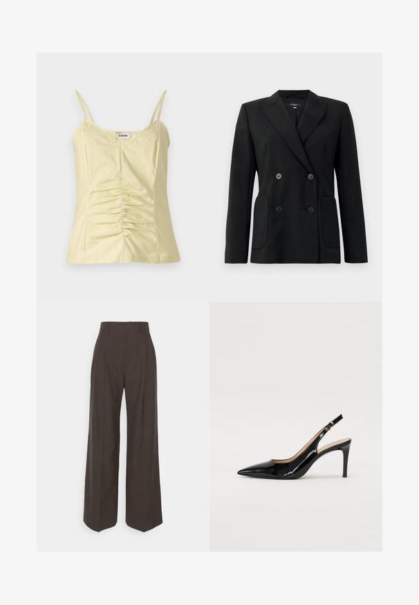 Black double-breasted blazer made of structured fabric, featuring notch lapels, two front pockets, and four black buttons.; Light yellow sleeveless top with adjustable straps and gathered detailing at the front. Made from a textured fabric, featuring a V-neckline.; Dark brown wide-leg trousers with a high waist, featuring neatly pressed creases, smooth texture, and a tailored fit.; Black patent leather slingback pump with pointed toe, slim heel, and a subtle cutout design. Features a gold buckle on the strap.