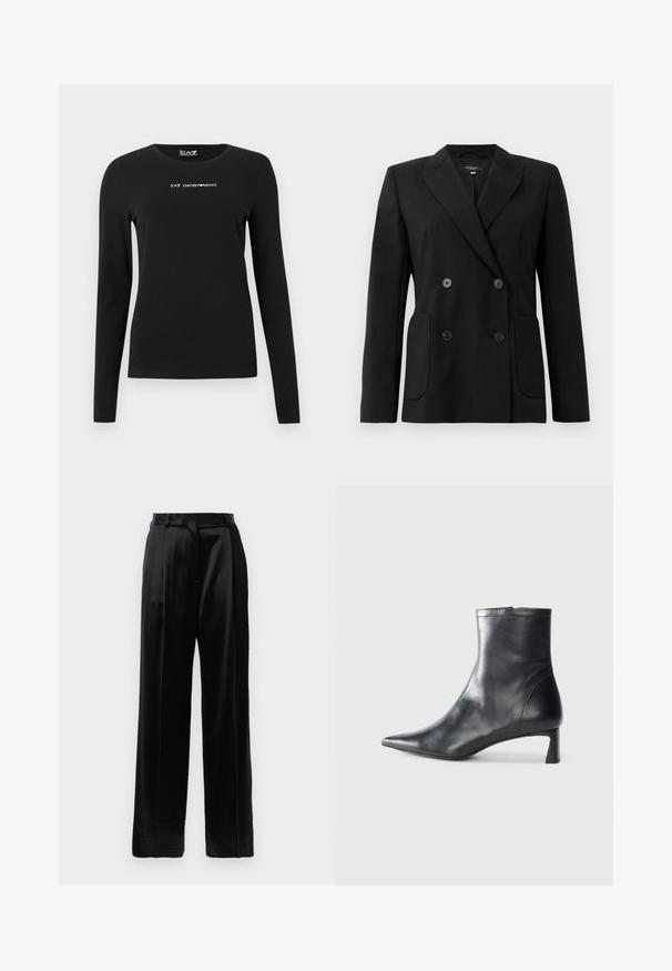 Črn dvoredni blazer iz strukturirane tkanine, z ovratnikom tipa notch, dvema sprednjima žepoma in štirimi črnimi gumbi.; Črna majica z dolgimi rokavi iz bombaža, z okroglim ovratnikom in majhnim belim logotipom na prsih. Gladka tekstura.; Črne satenske hlače visoke pasu z ravnimi širokimi nogami, z zankami za pas in ravnim sprednjim zapiranjem na enobarvni beli podlagi.; Črne usnjene gležnjarje s šiljastim nosom in elegantnim dizajnom. Imajo nizko peto in zadrgo na zadnji strani. Gladka tekstura.