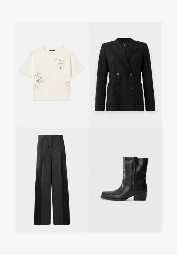 Schwarzer, doppelt gefütterter Blazer aus strukturiertem Stoff, mit Reverskragen, zwei Vordertaschen und vier schwarzen Knöpfen.; Weißes Baumwoll-T-Shirt mit kurzen Ärmeln, versehen mit bunten bestickten Texten und Designs, darunter "Wochenende", "Schönen Tag noch" und ein Herz.; Schwarze, weit geschnittene Hose mit hoher Taille, versehen mit Frontfalten, einer glatten Textur und einem maßgeschneiderten Finish. Entworfen für eine lockere Passform.; Schwarze Leder-Ankle Boots mit runder Zehenform, Blockabsatz, seitlichem Reißverschluss und gestickten Akzenten auf dem Blatt. Glatte Textur, klassisches Design.