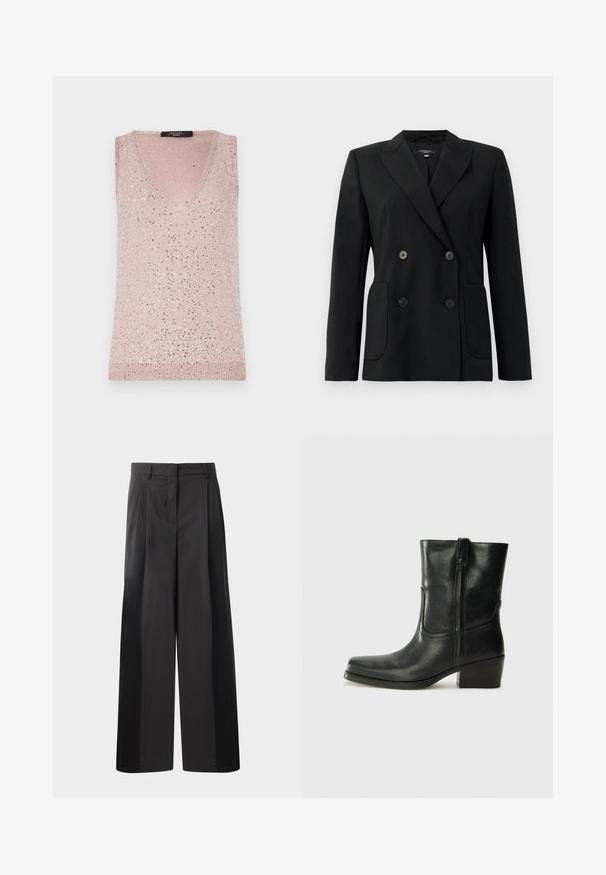 Svart dubbelknäppt blazer i strukturerad tyg, med snedskärning på slag, två framfickor och fyra svarta knappar.; Ärmös, V-ringad topp i ljusrosa med en ribbad textur, dekorerad med spridda silverpaljetter för en glittrande detalj.; Svarta byxor med vida ben och hög midja, med framveck, en slät textur och en skräddarsydd finish. Designade för en avslappnad passform.; Svart läderankelboot med rund tå, blockklack, sidodragkedja och sömmar på ovandelen. Slät textur, klassisk design.