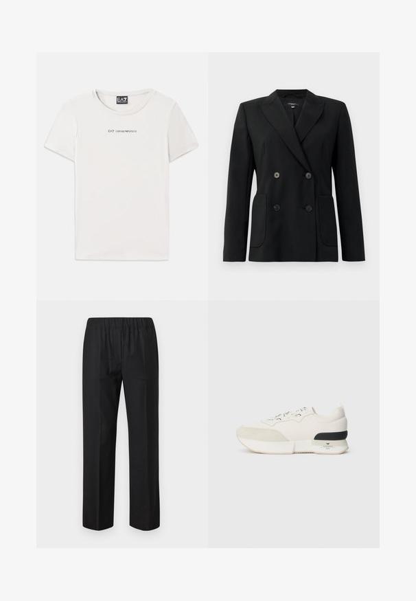Melnā dubultā jaciņa, kas izgatavota no strukturēta auduma, ar griezumiem pie apkakles, divām priekšējām kabatām un četriem melniem pogām.; Balts kokvilnas T-krekls ar apaļu kakla izgriezumu un īsām piedurknēm. Uz krūtīm ir melns teksts "EA7 EMPORIO ARMANI".; Melni bikses ar elastīgu jostasvietu, taisnas kājas dizainu un bez redzamām kabatām. Gluda auduma virsma ar matētu apdari.; Baltie kedas ar teksturētu zamšādu purngalu, gludu acu auduma augšdaļu, dekoratīvu auklu un melnu gumijas papēža akcentu.