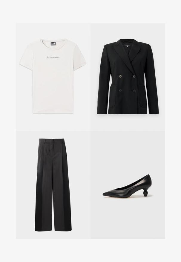 Čierny dvojradový blejzer vyrobený z pevnej látky, s klopami, dvoma prednými vreckami a štyrmi čiernymi gombíkmi.; Biely bavlnený tričko s okrúhlym výstrihom a krátkymi rukávmi. Na prednej strane má text "EA7 EMPORIO ARMANI" v čiernej farbe.; Čierne široké nohavice s vysokým pásom, so záhybmi vpredu, hladkou textúrou a prispôsobeným strihom. Navrhnuté pre uvoľnený strih.; Čierna kožená vysoká topánka na podpätku s ostrým špičkou a okrúhlym, guľatým podpätkom. Hladký povrch s moderným, minimalistickým dizajnom.