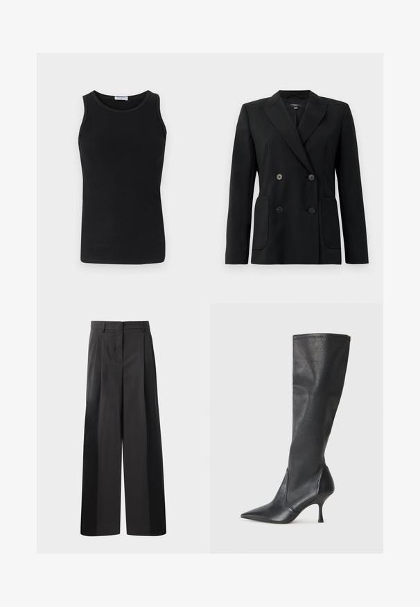 Fekete, kétsoros zakó, amely strukturált anyagból készült, kihajtott gallérral, két elülső zsebbel és négy fekete gombbal rendelkezik.; Fekete bordázott trikó, kerek nyakkivágással és ujjatlan kialakítással. Stretch szövetből készült, formázott sziluettjével és tiszta széleivel.; Fekete, bő szárú nadrág magas derékkal, elöl plissékkel, sima felülettel és igényes kidolgozással. Kényelmes viseletre tervezve.; Térd fölötti fekete bőr csizmák hegyes orral és karcsú stiletto sarkal. Simább textúrájúak, jól illeszkedő kialakítással és varrással a tetején.