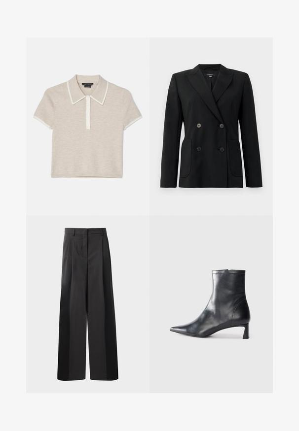 Schwarzer, doppelt gefütterter Blazer aus strukturiertem Stoff, mit Reverskragen, zwei Vordertaschen und vier schwarzen Knöpfen.; Alice + Olivia MEDA - Poloshirt - oatmeal heather/soft white; Schwarze, weit geschnittene Hose mit hoher Taille, versehen mit Frontfalten, einer glatten Textur und einem maßgeschneiderten Finish. Entworfen für eine lockere Passform.; Schwarze Lederstiefelette mit spitzer Zehe und schlankem Design. Verfügt über einen niedrigen Absatz und einen Reißverschluss hinten. Glatte Textur.