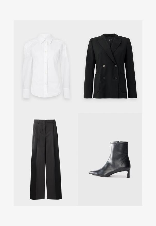 Juodas dvigubas švarkas, pagamintas iš struktūruotos medžiagos, su išpjautomis atlapomis, dviem priekinėmis kišenėmis ir taisyklingais juodais mygtukais.; Balta medvilnės marškinėliai su knopkėmis. Turi klasikinį apykaklę, ilgomis rankovėmis ir standartinę knopkių juostą su smėlio spalvos knopkėmis. Sklandus paviršius.; Juodos plačios kelnės su aukštu liemeniu, su priekinėmis raukšlėmis, glotnia tekstūra ir pritaikytu apdailos stiliumi. Sukurtos laisvam sėdėjimui.; Juodas odinis kulkšninis batas su smailiu pirštu ir elegantišku dizainu. Turi žemą kulną ir užtrauktuką gale. Lygi tekstūra.