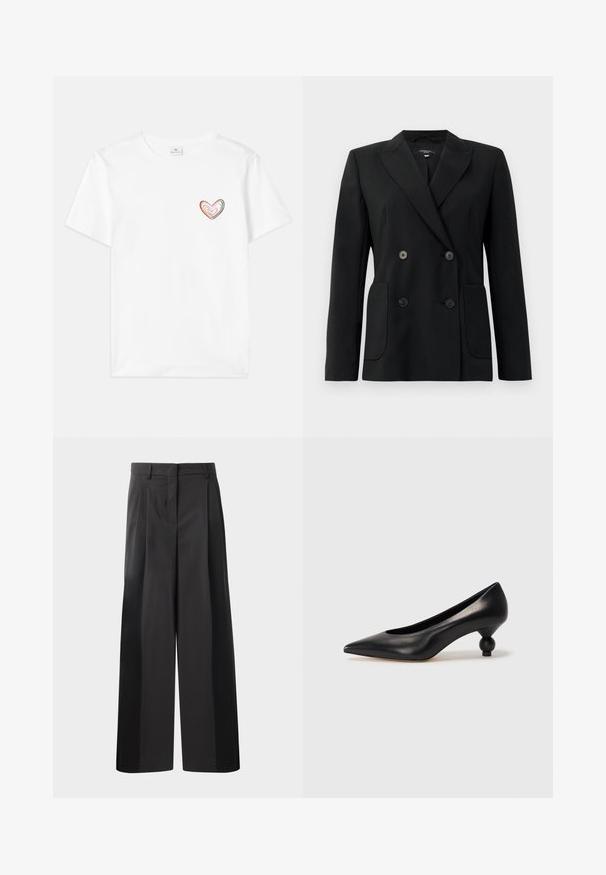 Schwarzer, doppelt gefütterter Blazer aus strukturiertem Stoff, mit Reverskragen, zwei Vordertaschen und vier schwarzen Knöpfen.; Weißes Baumwoll-T-Shirt mit einem mehrfarbigen Herzdesign auf der linken Brust. Kurze Ärmel und klassischer Rundhalsausschnitt.; Schwarze, weit geschnittene Hose mit hoher Taille, versehen mit Frontfalten, einer glatten Textur und einem maßgeschneiderten Finish. Entworfen für eine lockere Passform.; Schwarze Leder-Pumps mit spitzem Zehenbereich und runder, ballförmiger Ferse. Glatte Textur mit einem eleganten, minimalistischen Design.