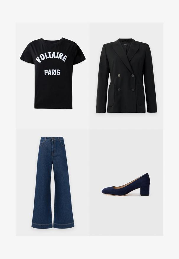 Blazer preto de dupla face feito de tecido estruturado, apresentando lapelas com corte em notch, dois bolsos frontais e quatro botões pretos.; T-shirt de algodão preto com texto bordado branco que diz "VOLTAIRE PARIS" em uma fonte bold, com gola redonda e mangas curtas.; Jeans azul de perna larga com cintura alta, apresentando um fecho de botão, passantes para cinto e detalhes de costura discretos ao longo dos bolsos e das bainhas.; Salgados de camurça azul-marinho com bico fino e um salto quadrado de altura média. Textura suave com um ligeiro brilho e um pequeno corte na parte da frente.