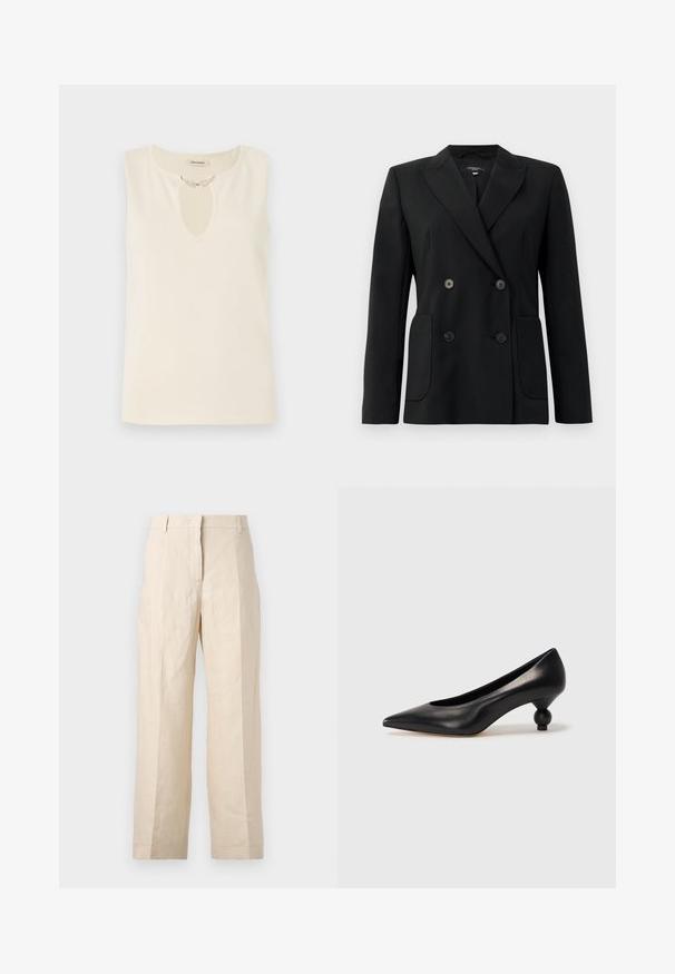 Blazer nero doppiopetto realizzato in tessuto strutturato, con rever a forma di pescante, due tasche frontali e quattro bottoni neri.; Top senza maniche in tessuto crema con scollatura a occhio di bue ornata da decorazioni a forma di foglia. Taglio semplice e texture liscia.; Pantaloni di lino beige con una vestibilità ampia, fronte plissettato e gambe dritte. Presentano una vita con passanti per cintura e senza tasche visibili.; Scarpa con tacco alto in pelle nera, con punta affilata e tacco arrotondato e bombato. Texture liscia con un design elegante e minimalista.