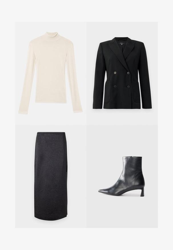Blazer noir croisé en tissu structuré, avec des revers en pointe, deux poches avant et quatre boutons noirs.; Haut à col roulé crème à manches longues en tissu doux et léger. Doté d'un design ajusté avec des coutures lisses et un col étroit.; Jupe noire mi-longue avec une texture froissée, coupe droite et fente sur le côté. Le tissu semble léger. L'ourlet est légèrement arrondi.; Bottine en cuir noir avec un bout pointu et un design épuré. Présente un petit talon et une fermeture éclair à l'arrière. Texture lisse.