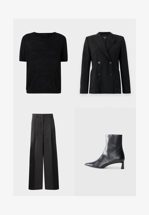 Blazer negro de doble botonadura, hecho de una tela estructurada, con solapas de muesca, dos bolsillos frontales y cuatro botones negros.; Top negro de manga corta hecho de una tela ligera y ligeramente transparente, con escote redondo y un corte relajado con detalles de dobladillo acanalado.; Pantalones de pierna ancha negros con cintura alta, que presentan pliegues en la parte delantera, una textura suave y un acabado a medida. Diseñados para un ajuste relajado.; Botín de cuero negro hasta el tobillo con punta afilada y un diseño elegante. Presenta un tacón bajo y un cierre con cremallera en la parte trasera. Textura suave.