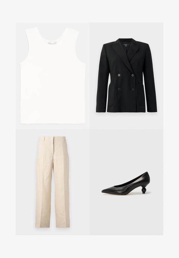 Schwarzer, doppelt gefütterter Blazer aus strukturiertem Stoff, mit Reverskragen, zwei Vordertaschen und vier schwarzen Knöpfen.; Weißes ärmelloses Tanktop aus geripptem Stoff, mit Rundhalsausschnitt und geradem Saum. Einfaches Design ohne zusätzliche Verzierungen.; Beige Leinenhosen mit einer lockeren Passform, gefältelter Vorderseite und geraden Beinen. Besitzt einen Bund mit Gürtelschlaufen und keine sichtbaren Taschen.; Schwarze Leder-Pumps mit spitzem Zehenbereich und runder, ballförmiger Ferse. Glatte Textur mit einem eleganten, minimalistischen Design.