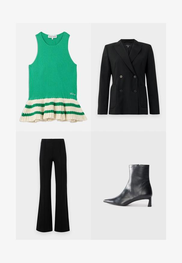 Blazer preto de dupla face feito de tecido estruturado, apresentando lapelas com corte em notch, dois bolsos frontais e quatro botões pretos.; Top em malha verde com nervuras, apresentando uma barra em creme com ponto largo e riscas verdes. Logótipo bordado na parte da frente, perto da barra.; Calças pretas de boca de sino com uma cintura alta, feitas de um tecido elástico. Apresentam detalhes de costura vertical na frente e uma textura suave.; Bota de tornozelo em pele preta com biqueira apontada e um design elegante. Apresenta um salto baixo e um fecho com zipper na parte de trás. Textura suave.