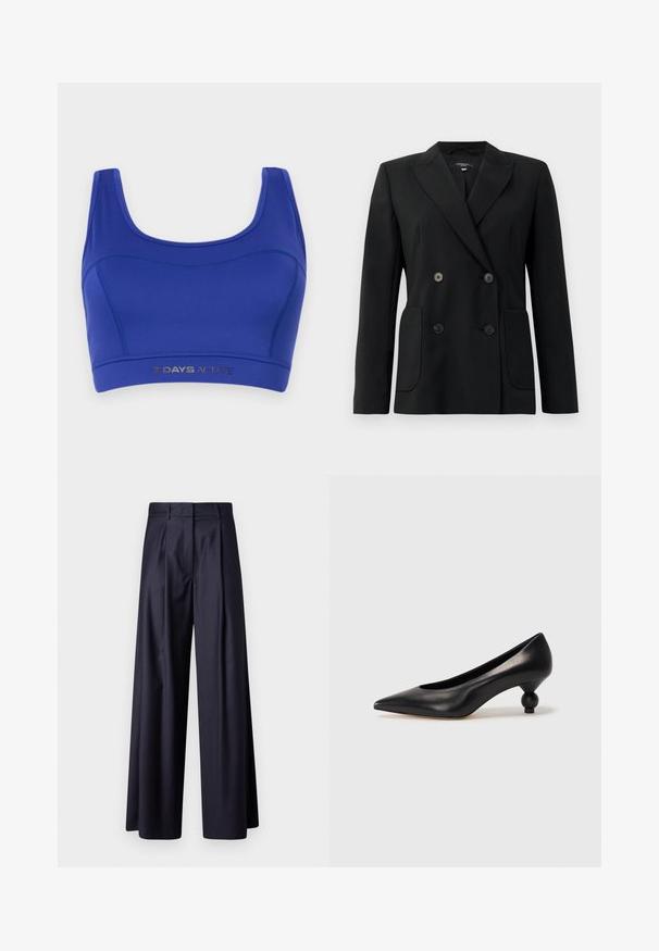 Black double-breasted blazer made of structured fabric, featuring notch lapels, two front pockets, and four black buttons.; Blue activewear bra made of stretchy fabric. Features a scoop neck, wide straps, and a lower elastic band with "7 DAYS ACTIVE" printed in silver.; Wide-leg trousers in dark navy fabric, featuring pleats, a smooth texture, a tailored design, and a high waistband.; Black leather high heel shoe with a pointed toe and a round, balled heel. Smooth texture with a sleek, minimal design.
