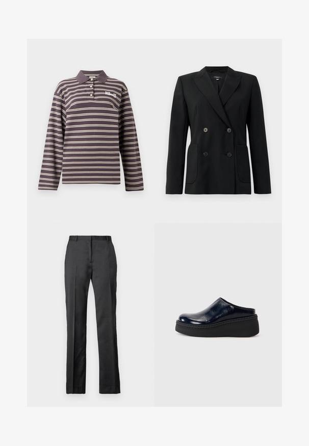 Crni dvostruki sako od čvrstog materijala, s reverima, dva prednja džepa i četiri crna dugmeta.; Dugi rukav polo majica u tamnoljubičastoj boji s bijelim horizontalnim prugama, s dugmadi na ovratniku i izvezеним logom na prsima.; Prilagođene crne hlače od glatkog materijala. Imaju ravnu nogavicu, ravni front i suptilne detalje pregiba.; Tamno plavi lakirani klompe s glatkom površinom, koje imaju debelu crnu platformu i vidljivo šivanje duž donjeg dijela.